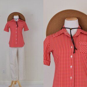 Vintage 70s Polyester Red and White Plaid Top